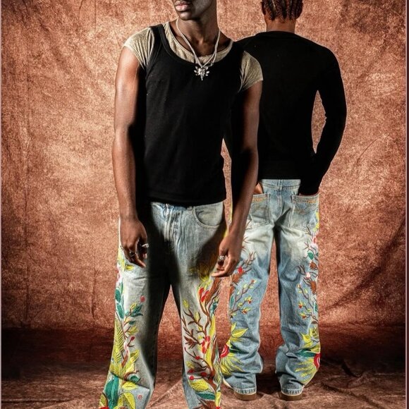 VeryRare Sakura Demi Jeans Size M Blue Pants Denim Embroidered Cherry Blossom - Picture 2 of 16